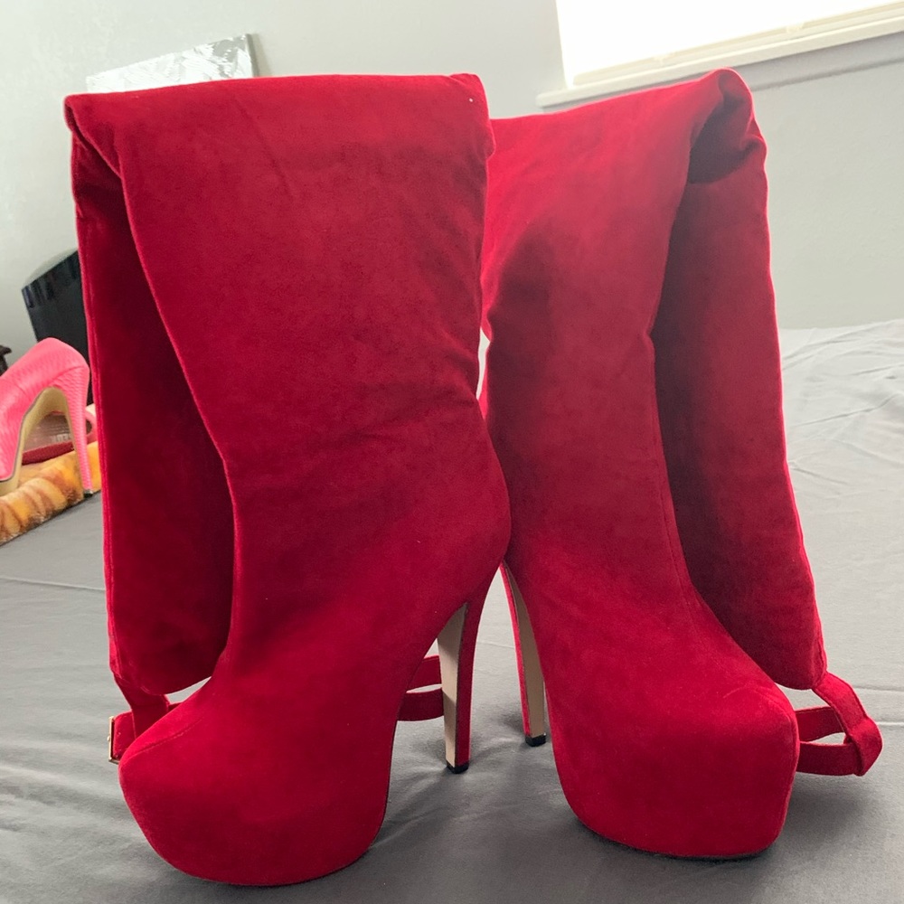 Red velvet knee high boots